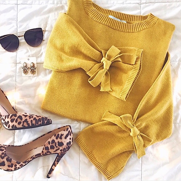 Mustard Bell Sleeve Knit Sweater, Sleeve Tie - Picture 3 of 9